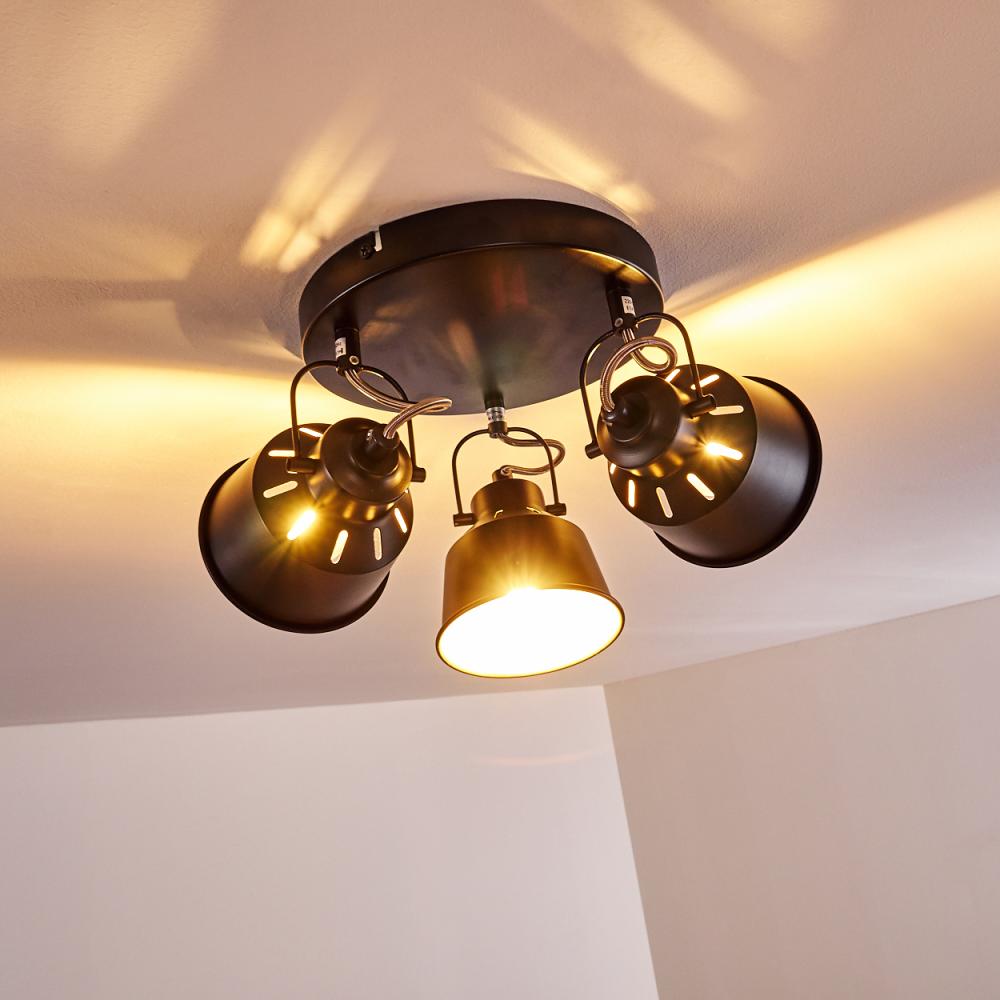 »Rimini« runde Deckenlampe aus Metall in Schwarz/Gold, 3-flammig, mit verstellbaren Strahlern u. Lichteffekt, 3 x E14-Fassung max. 40 Watt, Spot im Retro/Vintage Design, LED geeignet Bild 1