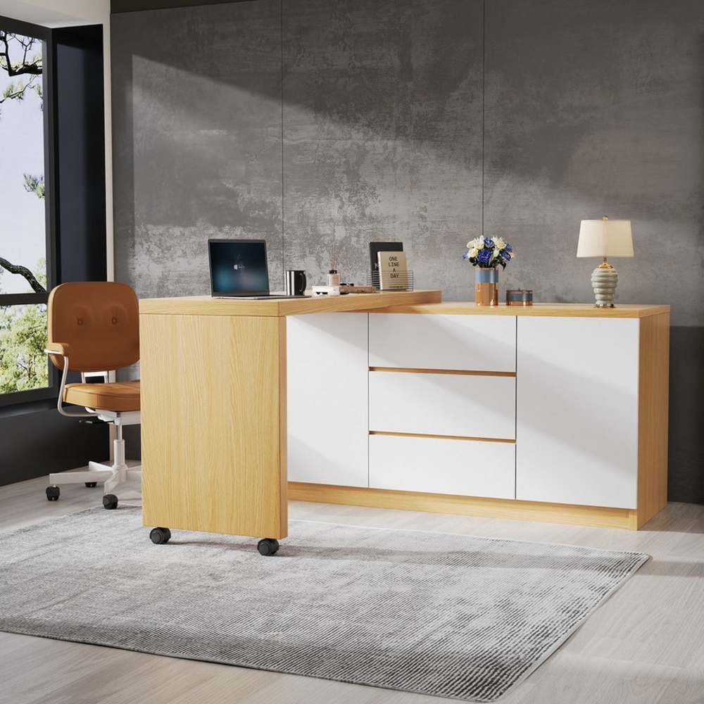 Flieks Kommode mit 360° drehbare Tisch, Rollen und Schubladen (2 St, mit verstellbaren Einlegeböden), Schreibtisch Sideboard Mehrzweckschrank Arbeitstisch weiß&Eiche Bild 1