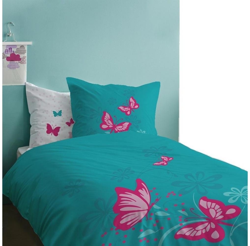 Butterfly Bettwäsche Set für Mädchen mit Schmetterling Motiv 135x200 + 80x80cm Türkis-Weiß aus 100% Baumwolle Bild 1