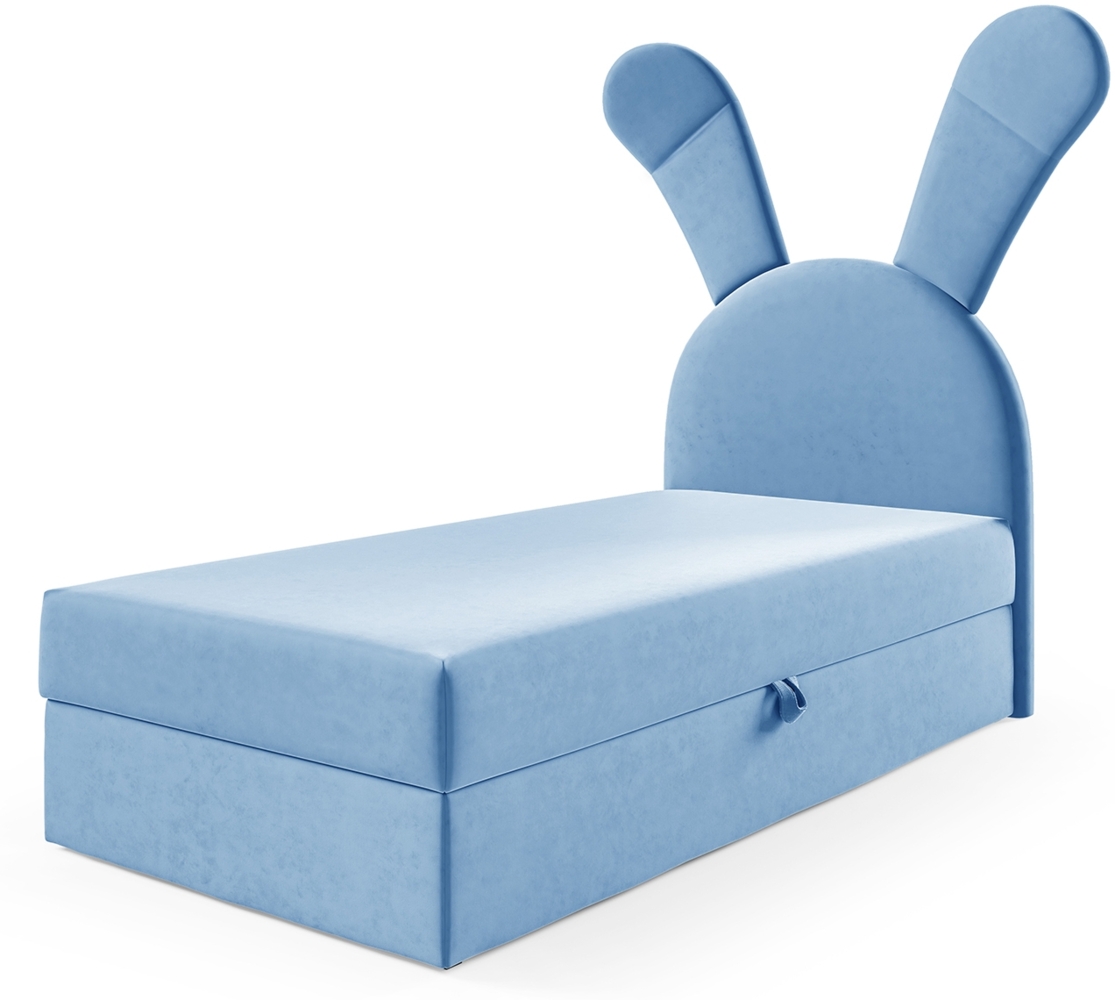 MEBLINI Kinderbett mit Bettkasten KANINCHEN 100x200 Rechts – H3/Blau Samt Gepolstert Einzelbett mit Matratze - Polsterbett mit Stauraum - Bett mit Kopfteil – Stauraumbett Bild 1