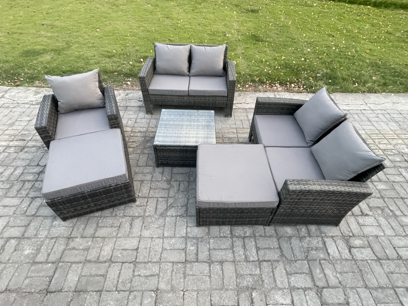 Fimous 7-Sitzer Rattan Gartenmöbel im Freien Sofa Set Tisch & Stuhls mit 2 Großer Fußhocker Dunkelgrau Gemischt Bild 1