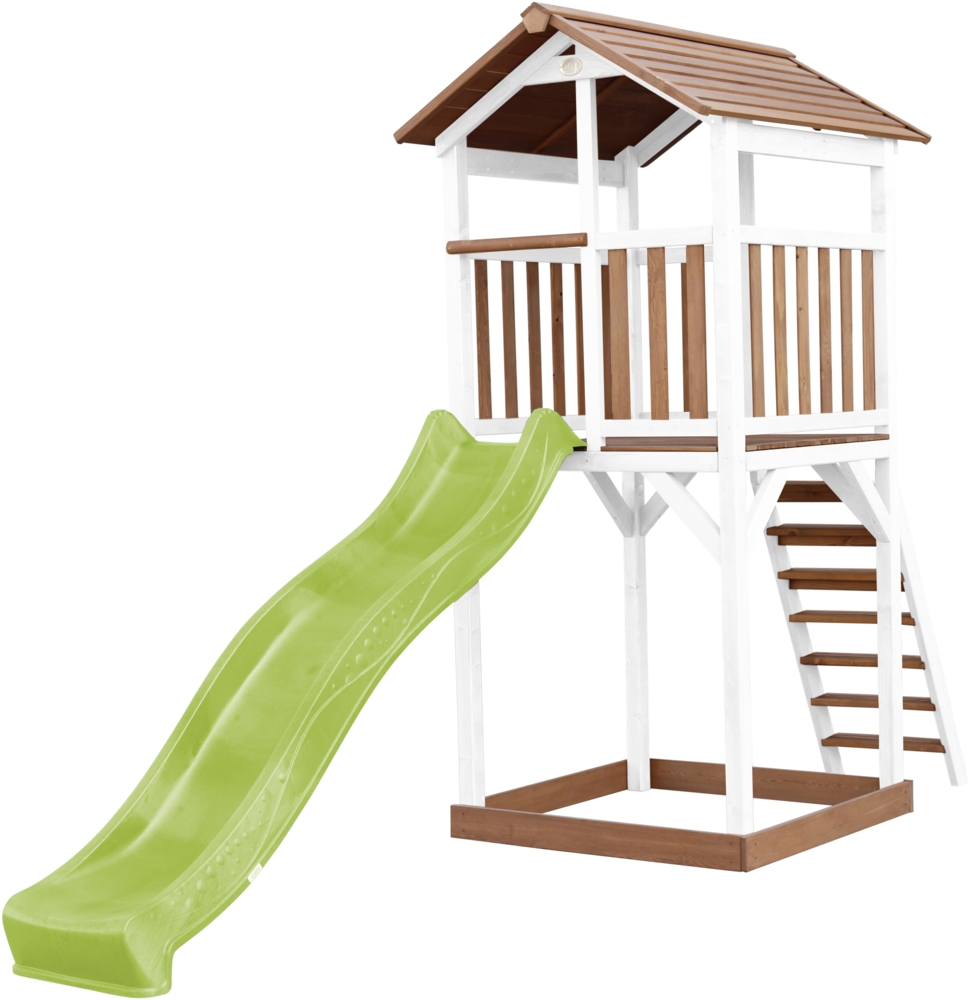 AXI Beach Tower Spielturm aus Holz in Braun & Weiß Spielhaus für Kinder mit hellgrüner Rutsche und Sandkasten | Braun, Weiß, Limettengrün | Holz | 349 cm Bild 1