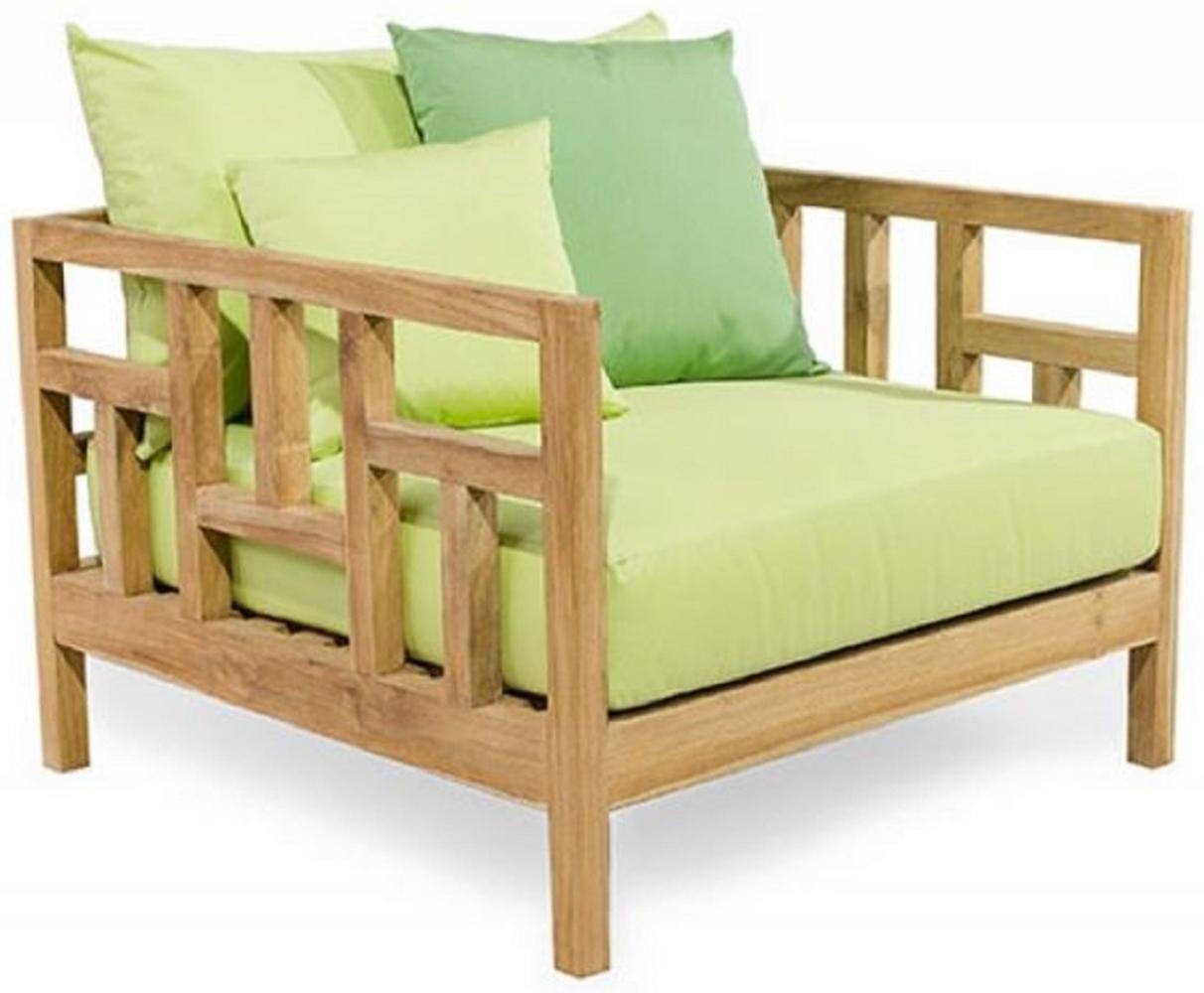 Casa Padrino Luxus Massivholz Gartensessel Naturfarben / Hellgrün 94 x 94 x H. 65 cm - Wetterbeständiger Teakholz Sessel mit Kissen - Garten & Terrassen Möbel - Luxus Qualität Bild 1