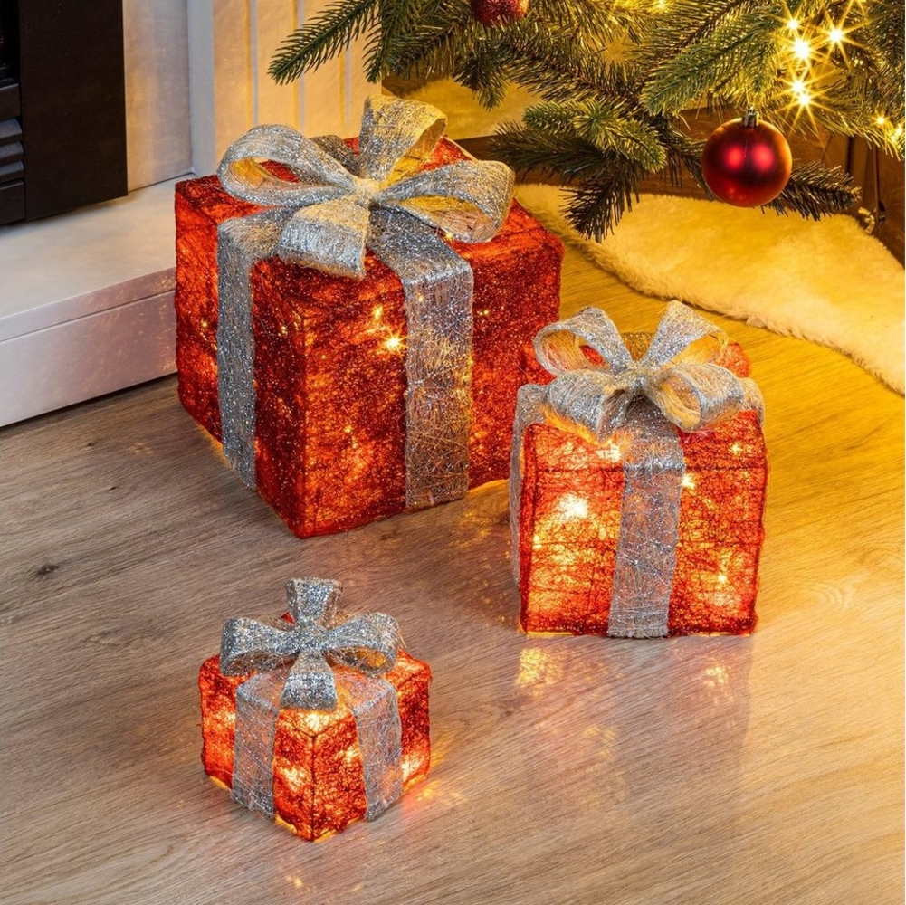 Spetebo LED Dekoobjekt LED Geschenkboxen mit Timer 3er Set - rot / grau, Timerfunktion, LED fest verbaut, warm weiß, Weihnachts Deko Boxen warm weiß beleuchtet Bild 1