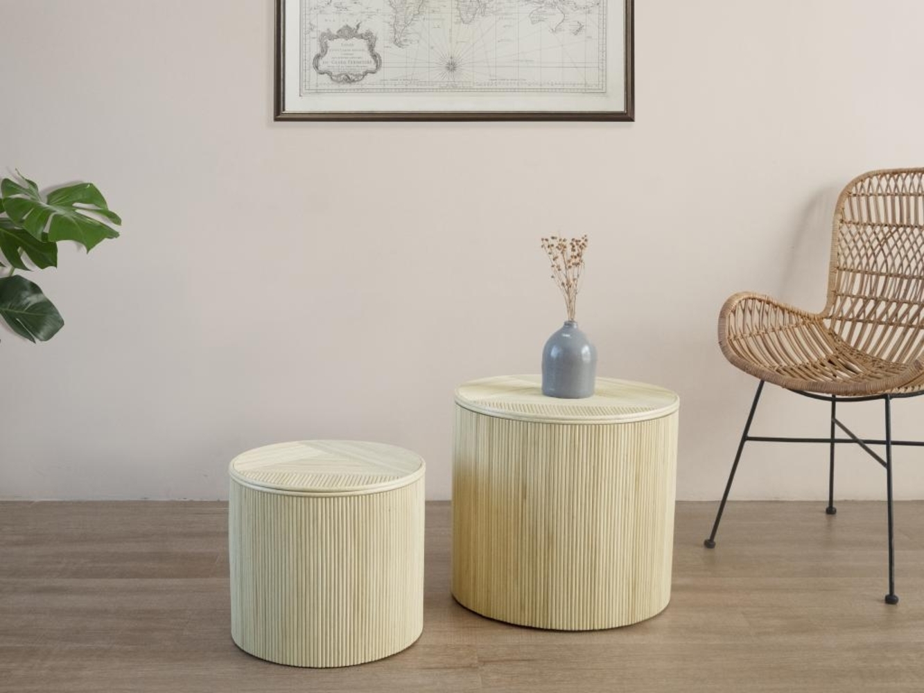 Vente-unique - Beistelltische rund 2er-Set mit Stauraum - Rattan - 50 x 46 cm & 39,5 x 36 cm - Holzfarben hell - GABES Bild 1