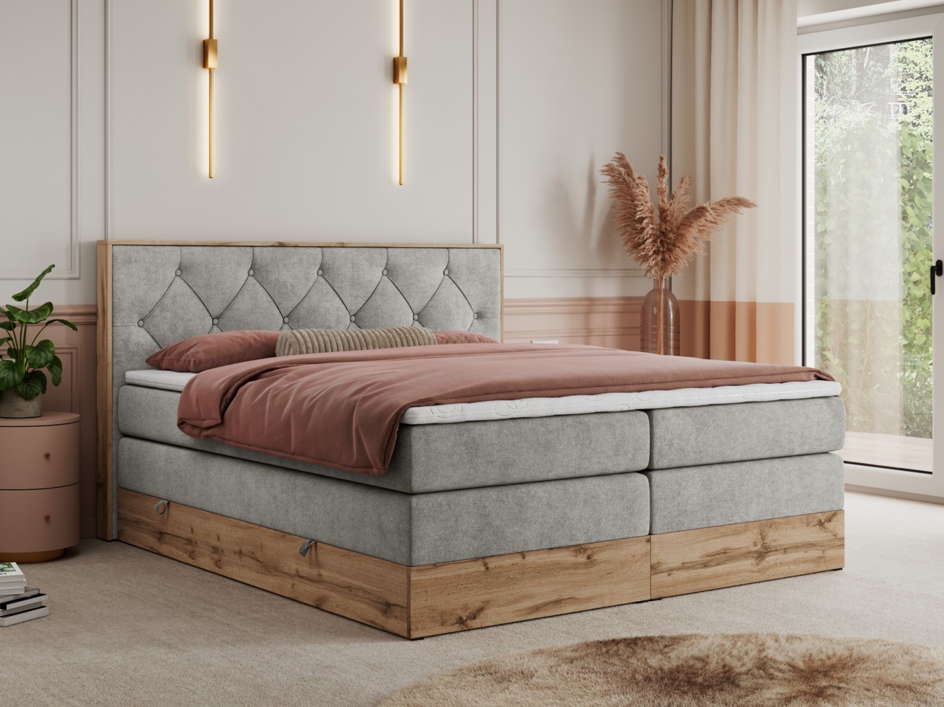 Boxspringbett VENETO KING, Doppelbett mit Multipocket-Matratze, Polsterbett mit Kopfstütze - 200 x 200 cm - Hellgrau Stoff - H3 Bild 1