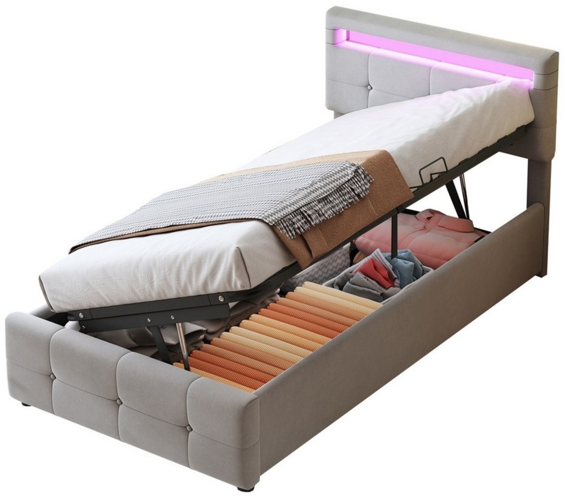 OKWISH Bett Kinderbett Jugendbett Gästebett Polsterbett (Höhenverstellbar mit LED-Beleuchtung und Hydraulischem Stauraum, Hochboxbett in Grau aus Samtstoff), Ohne Matratze Bild 1