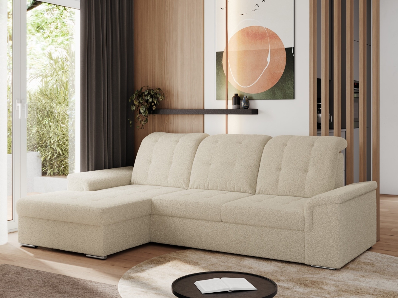 L-förmige Ecksofa mit gesteppter Sitzfläche und Rückenlehne, verstellbare Rückenkissen, Schlaffunktion und Bettkasten - MADRITO - Beige Boucle - linke Seite Bild 1