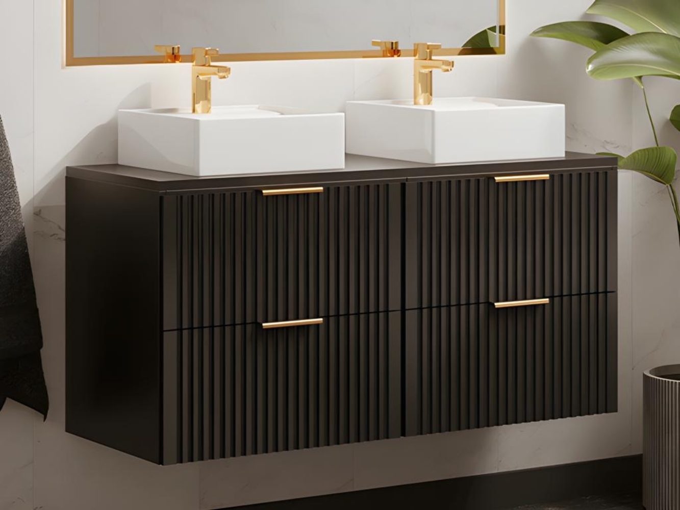 Vente-unique - Waschbeckenunterschrank hängend mit Aufsatzwaschbecken - Streifenoptik - Schwarz - 120 cm - ZEVARA Bild 1