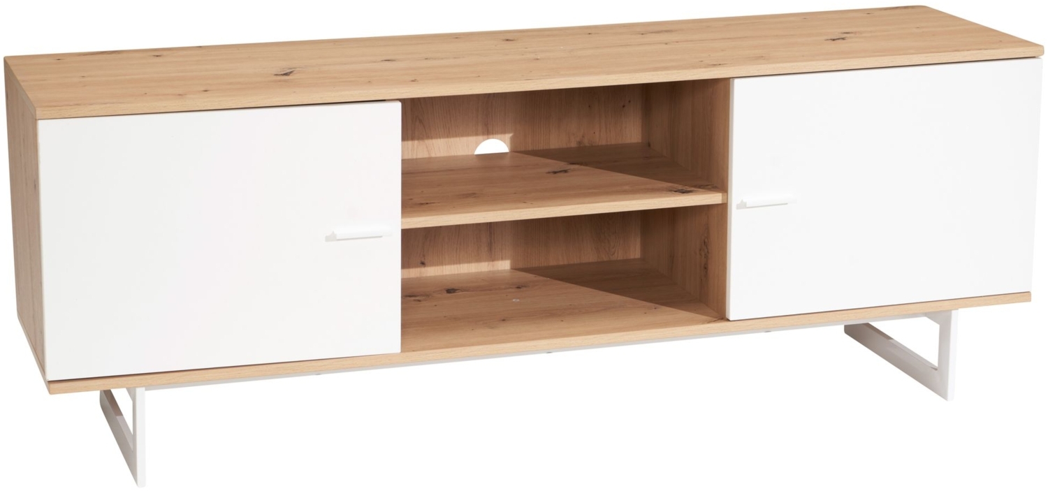 Lowboard Eiche-Dekor Weiß 150x55x40 cm TV-Kommode Modern, Design TV-Schrank Hoch, Fernsehtisch Fernsehschrank mit zwei Türen, Fernsehkommode Wohnzimmer Bild 1