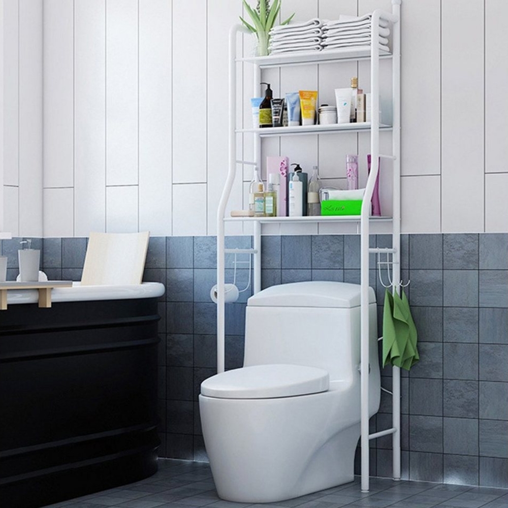 Vicbuy Badregal Standregal mit 3 Haken, 3 Etagen Stahl Toilettenregal, WC-Regal, Metall Badezimmerregal, Aufbewahrungsregal, Waschmaschinenregal, für Badezimmer, 153*48*26cm Bild 1