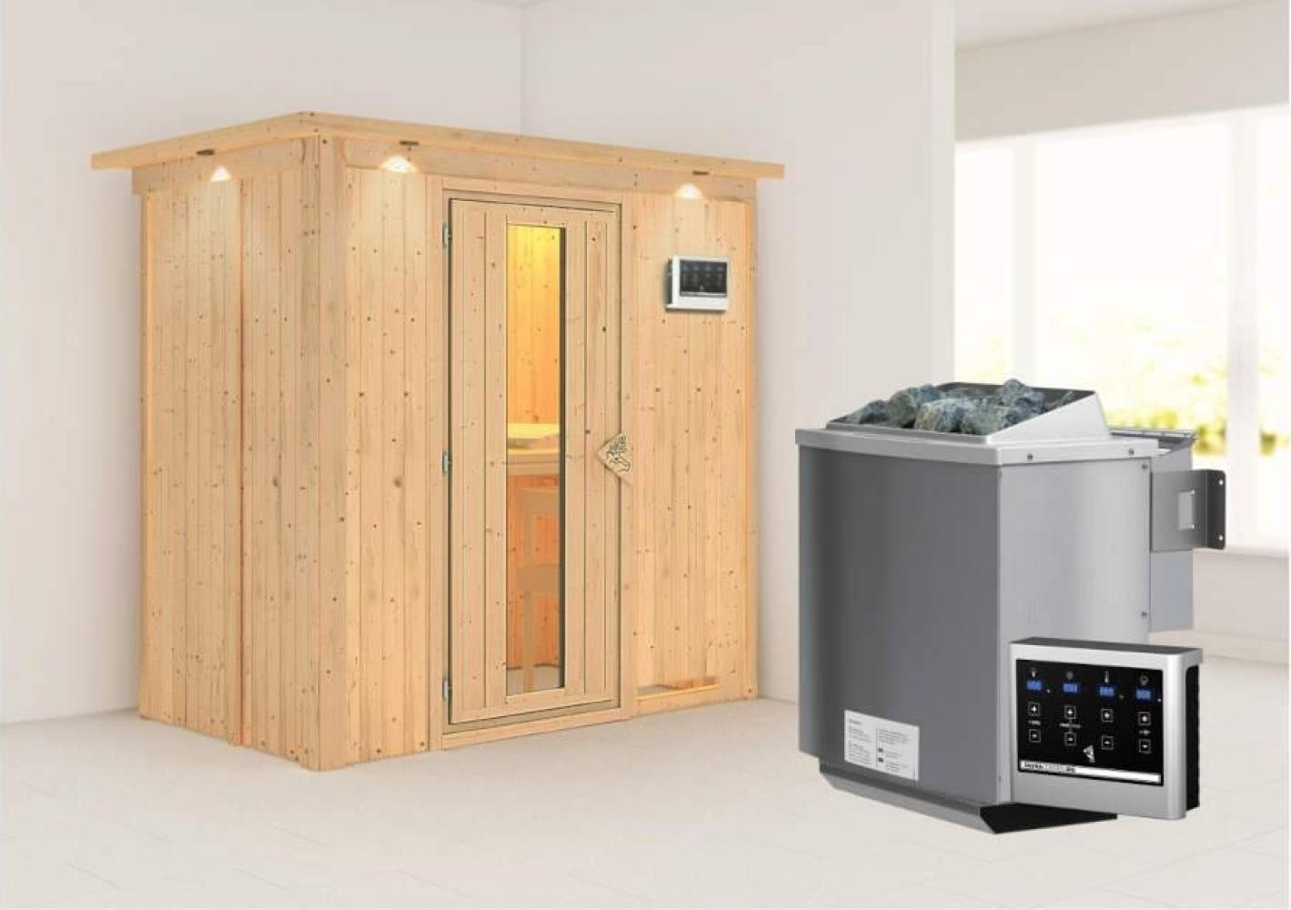 Karibu Sauna Variado mit Dachkranz + 9kW BIO-Kombiofen mit ext. Steuerung Easy Klarglas Ganzglastür Bild 1