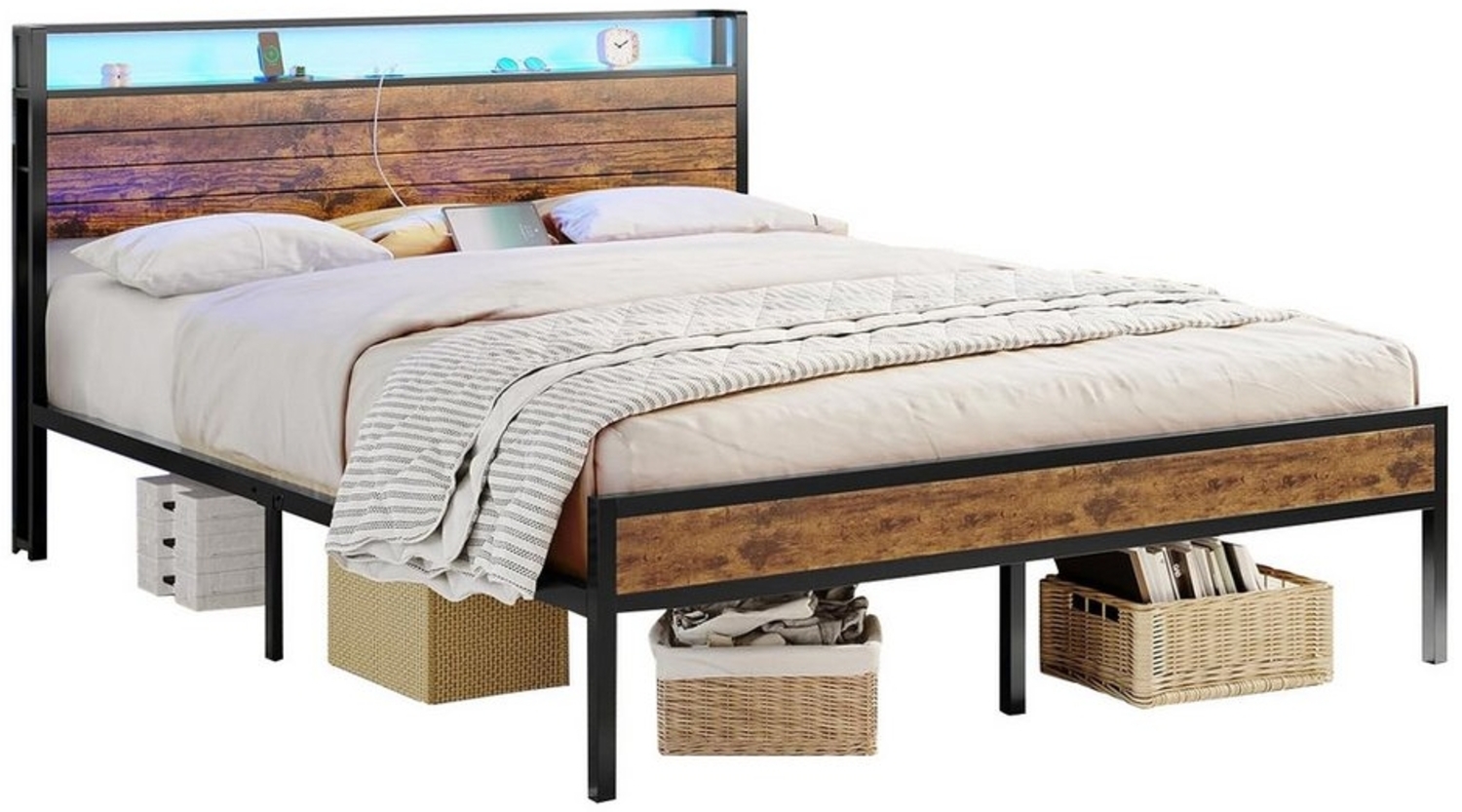 MSMASK Metallbett mit 3 USB-Anschlüssen und LED Beleuchtung, Vintage Braun (1-tlg, Ohne Matratze), 160 ×200cm Bild 1