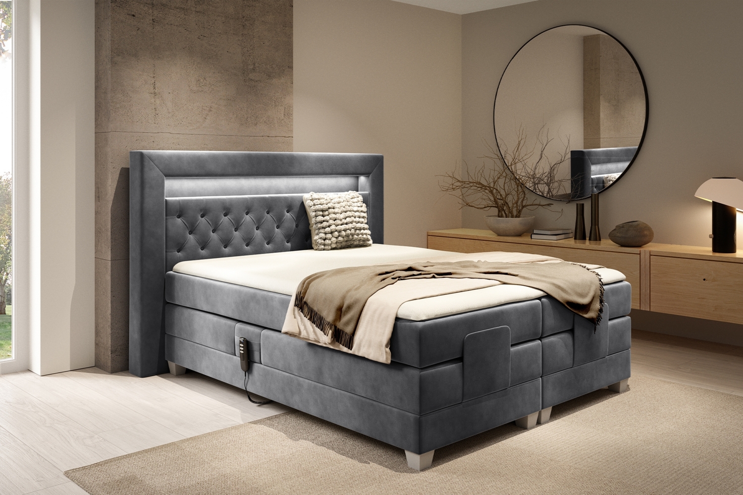 MEBLINI Boxspringbett Elektrisch SANTORE 180x200 cm mit Bettkasten und LED – H3/Dunkelgrau Samt Polsterbett - Doppelbett mit Toppers & Taschenfederkern-Matratzen Bild 1