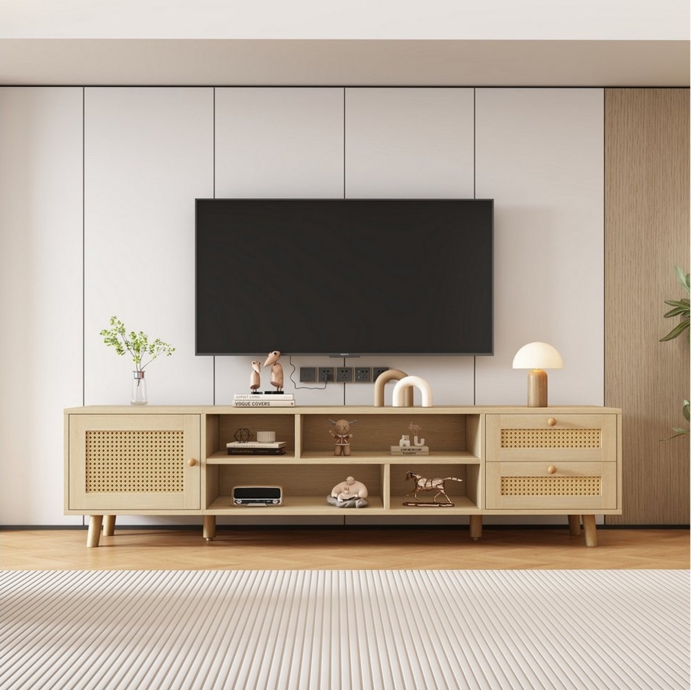 REDOM TV-Schrank (mit LED-Beleuchtung, 2 Schubladen, 1 Tür,für 70-Zoll-Fernseher) Premium 160 cm Holzfarbenes Rattan-TV-Ständer Bild 1