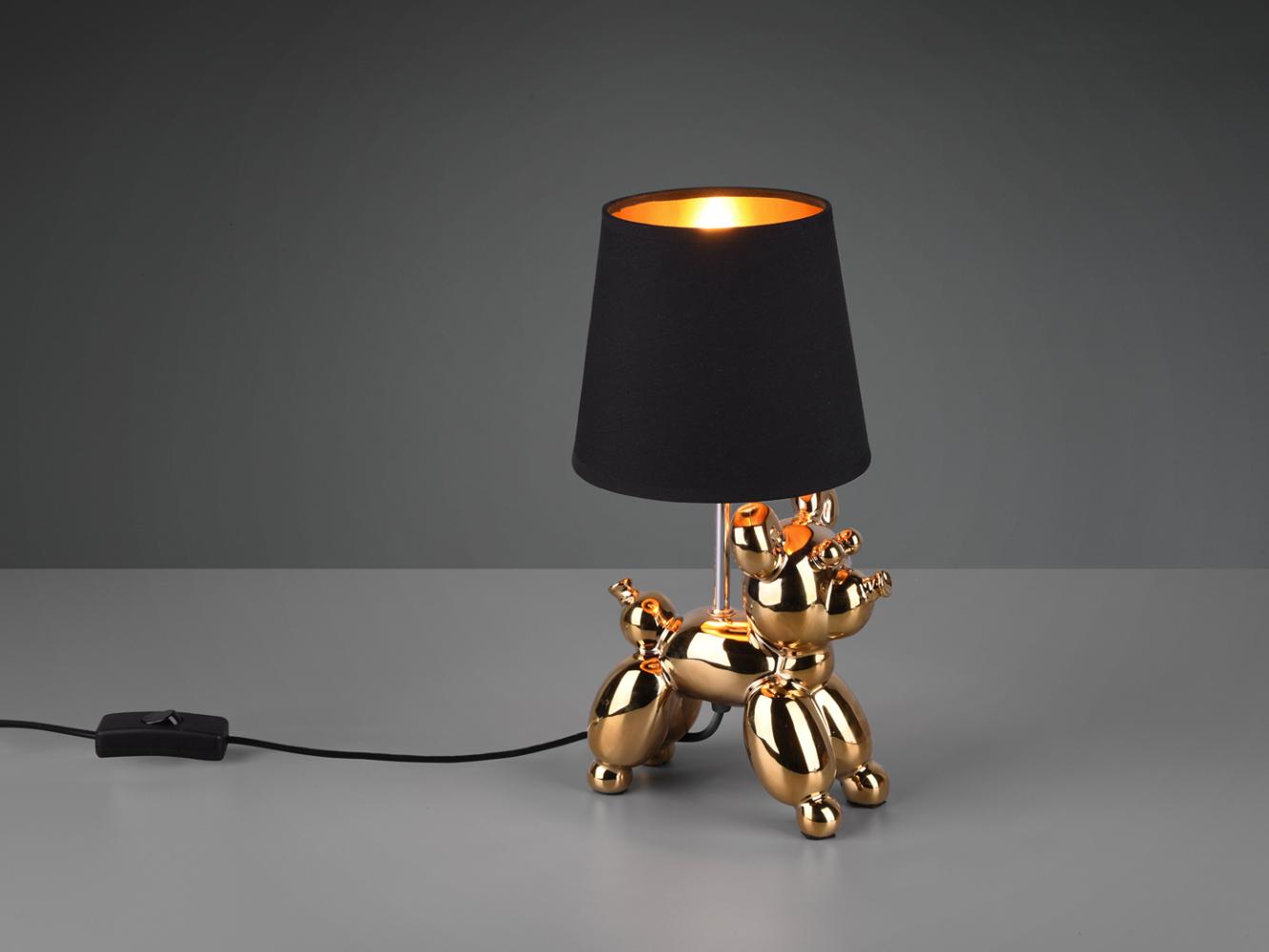 Coole LED Tischleuchte Keramik Hund Gold mit Stoffschirm in Schwarz Höhe 33cm Bild 1