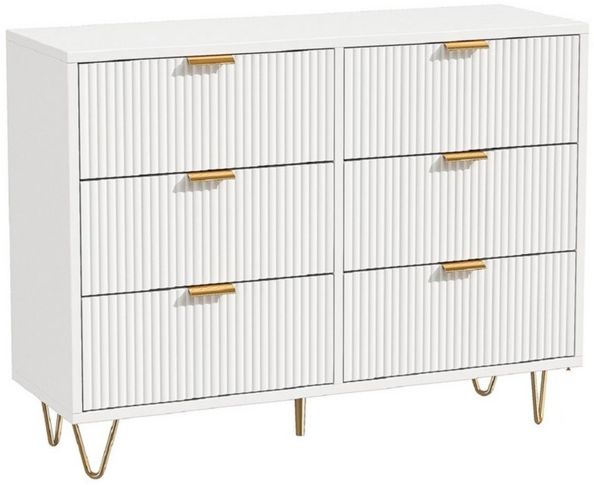 FUROKOY Kommode (Weiß Sideboard Schrank Highboard mit 6 Schubladen und Metallbeinen), Schmal kommode für Schlafzimmer, Wohnzimmer, Flur, 100 x 34 x 73 cm Bild 1