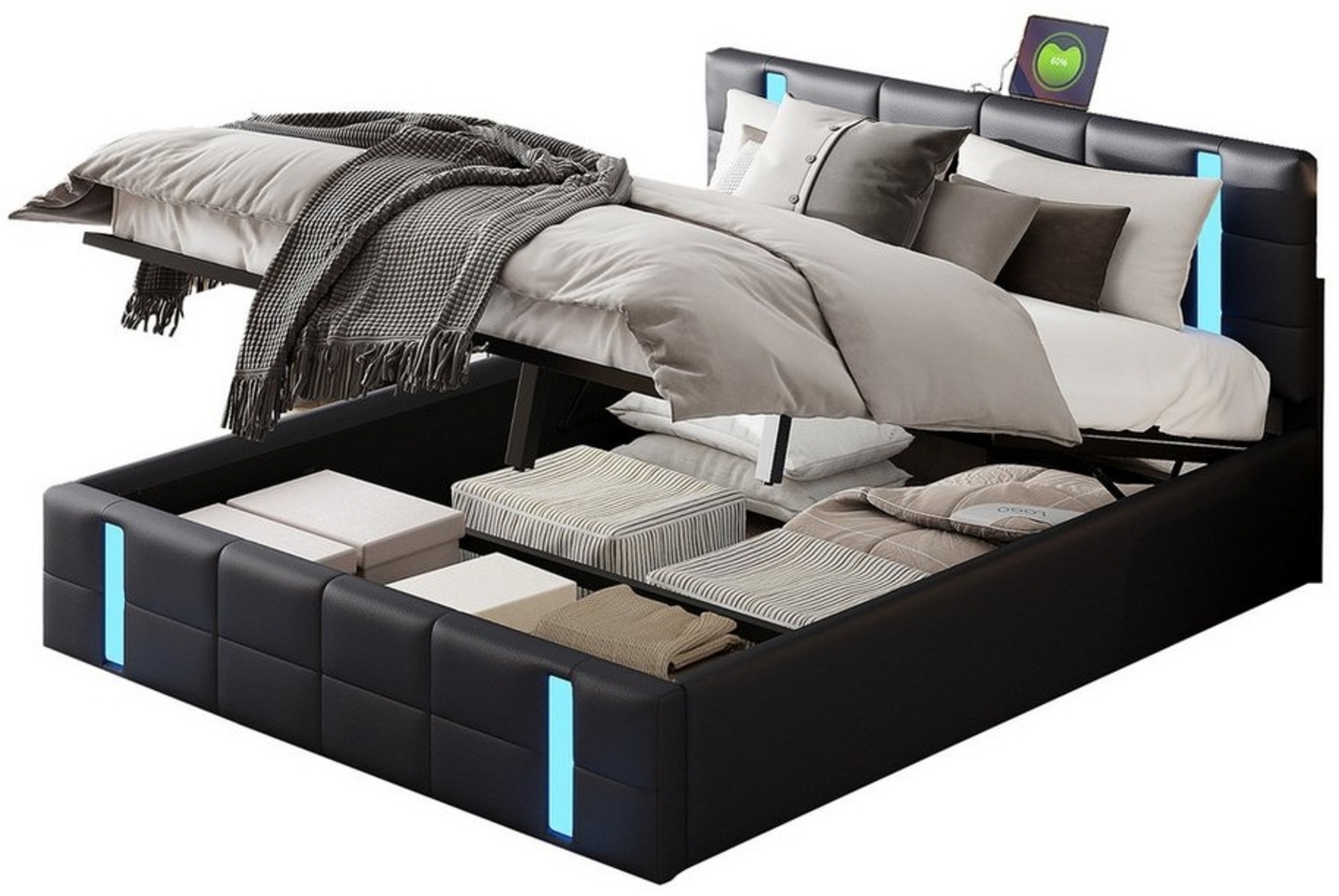 FUROKOY Polsterbett LED Hydraulisches Doppelbett Kunstleder, 160x200cm Stauraumbett mit Ladefunktion,USB und Typ-c,Schwarz Bild 1