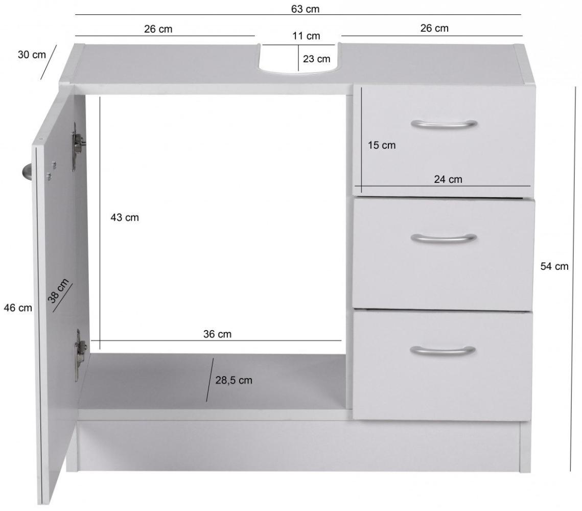 Wohnling Waschbecken-Unterschrank 54 x 63 x 30 cm weiß mit 1 Tür und 3 Schubladen Bild 1