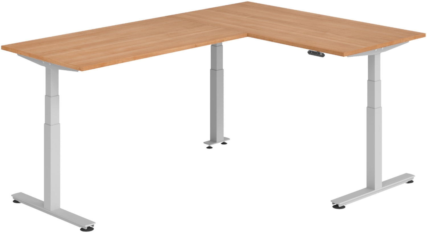 bümö Eckschreibtisch elektrisch höhenverstellbar L-Form: 160 x 240 cm in Nussbaum, Gestell silber - Stehschreibtisch mit Memory-Steuerung, elektrischer XXL Schreibtisch für die Ecke, XDSMW-1616-N-S Bild 1