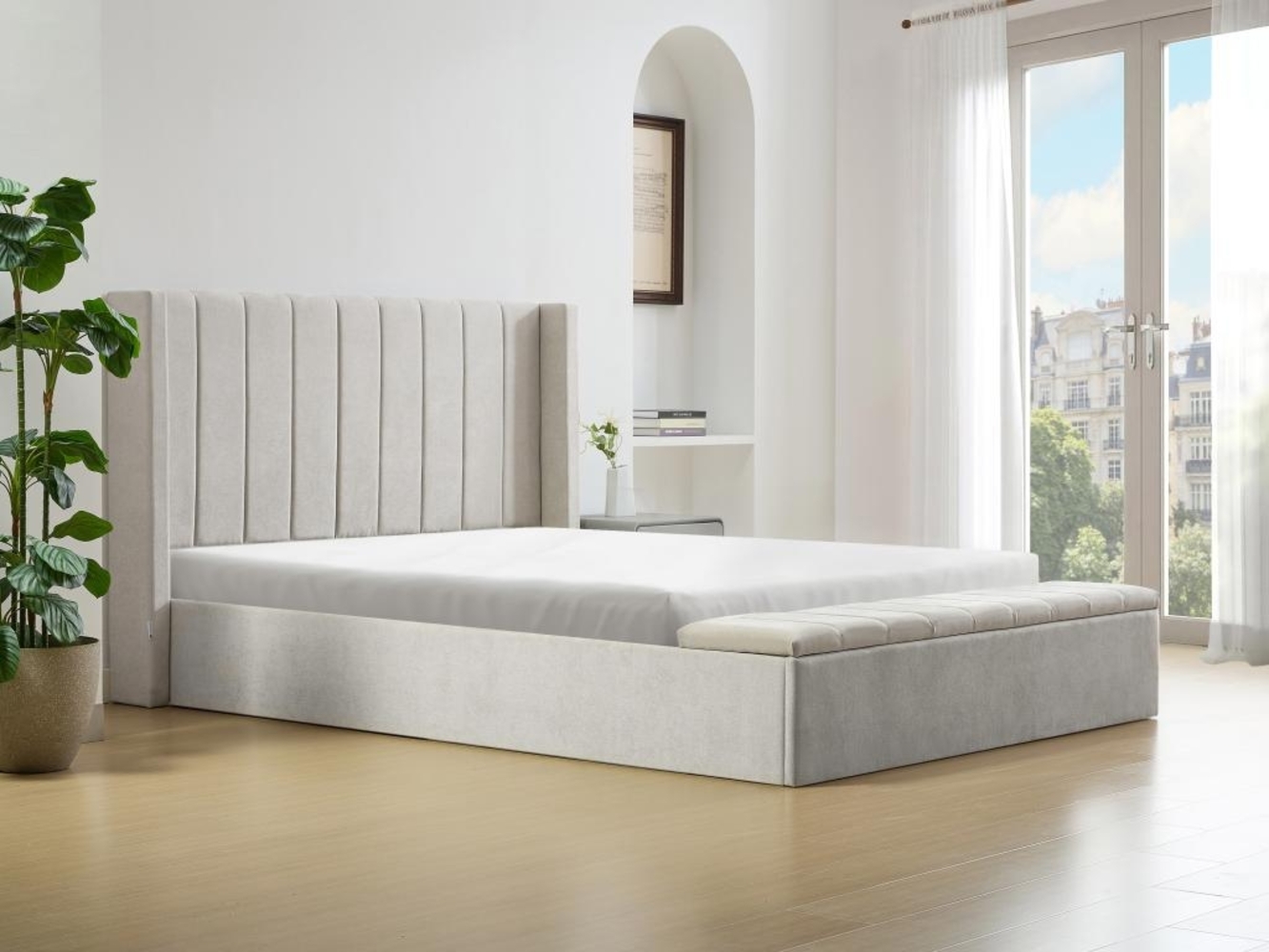 Vente-unique - Bett mit Bettkasten & Bank - 180 x 200 cm - Stoff - Beige - DOUINO Bild 1