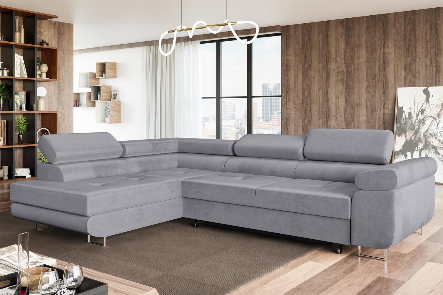 MEBLINI Schlafcouch mit Bettkasten - MALIBA - 277x203x63cm Links - Grau Samt - Ecksofa mit Schlaffunktion - Sofa mit Relaxfunktion und Kopfstützen - Couch L-Form - Eckcouch - Wohnlandschaft Bild 1