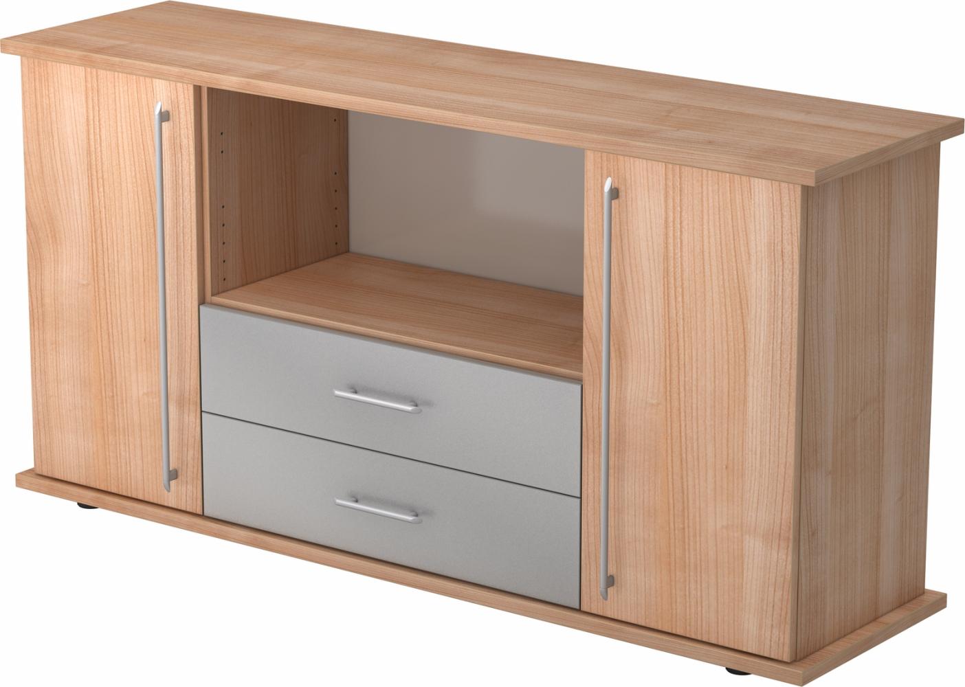 bümö Sideboard Nussbaum mit Flügeltüren & Regal - Büromöbel Sideboard mit Schubladen Holz 166cm breit, 45cm schmal, Büro Schrank für Flur oder als Wohnzimmer-Kommode mit Relinggriff, SBTS-N-N-RE Bild 1