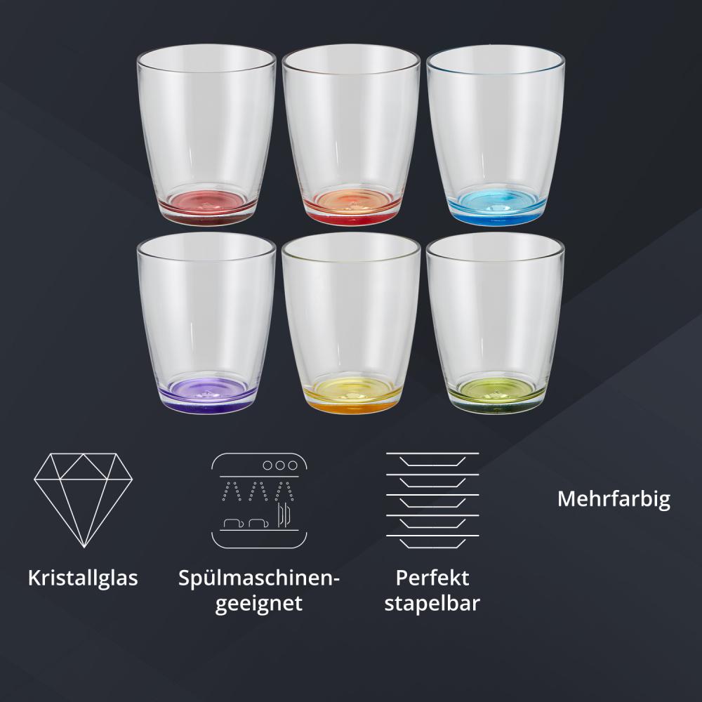 Peill+Putzler Germany 6er Set Trinkgläser mit buntem Boden, 340 ml Volumen, mehrfarbige Trinkbecher, Wassergläser in 6 Farben, Coctailgläser, spühlmaschinengeeignet & pflegeleicht Bild 1