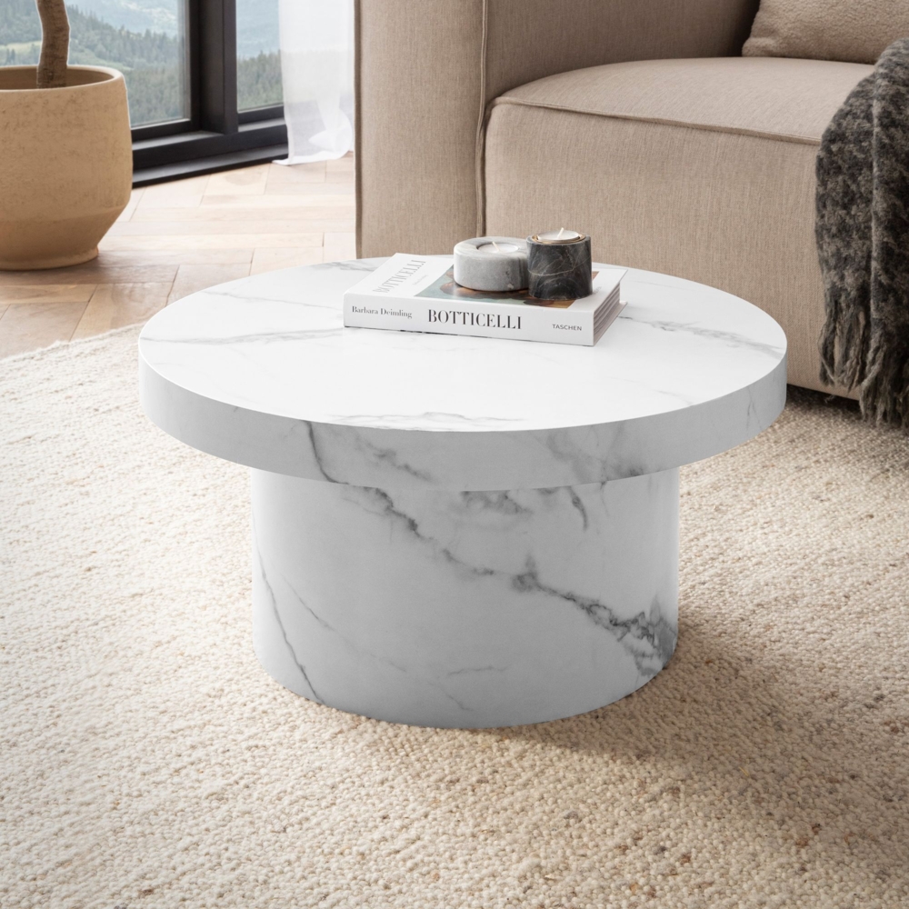 FINEBUY Couchtisch FB59772 (60 x 60 x 30 cm MDF, Wohnzimmertisch Marmor Optik), Sofatisch Weiß Modern, Kaffeetisch Klein Rund Bild 1
