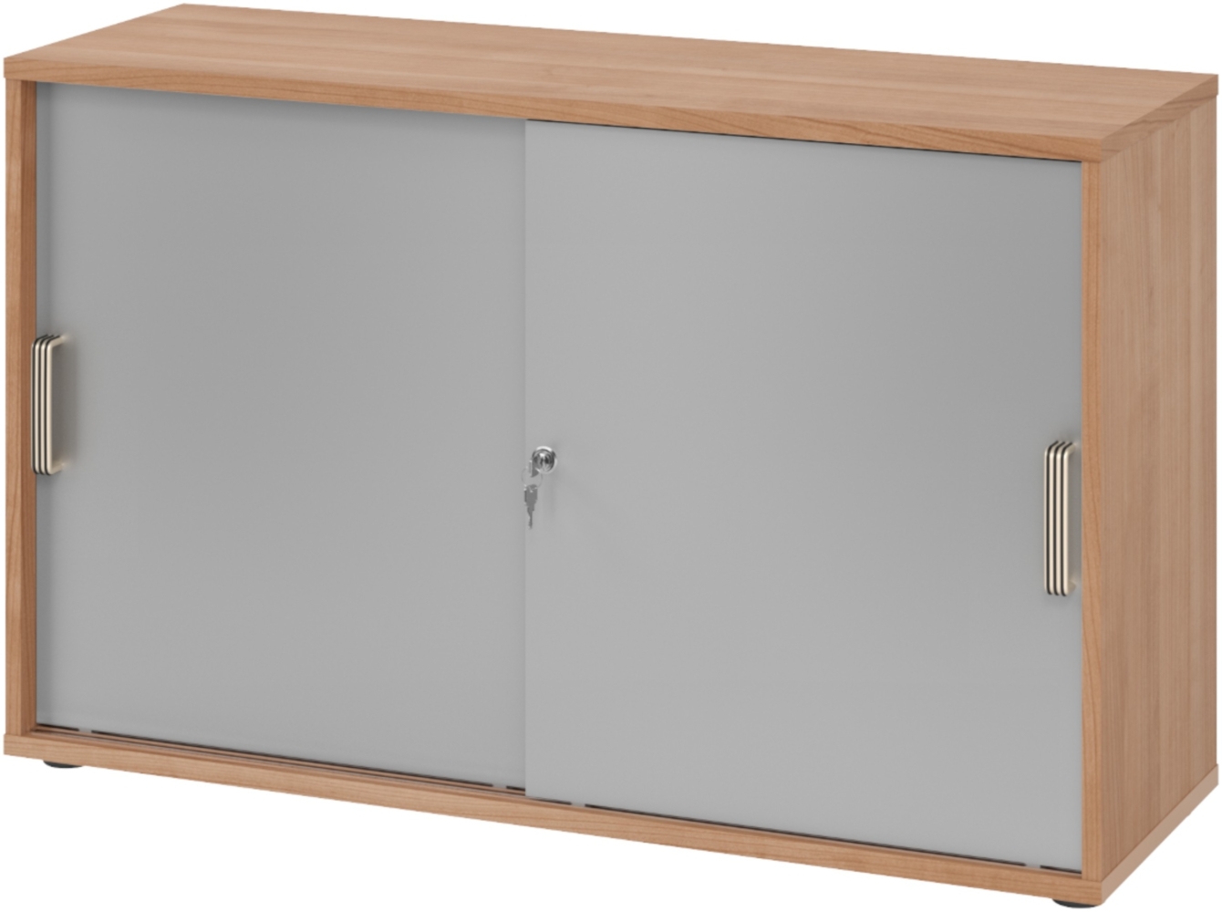 bümö Schiebetürenschrank 2OH - Aktenschrank abschließbar, Sideboard Schrank mit Schiebetüren in Nussbaum/Silber, Streifengriff - Büroschrank aus Holz mit Schiebetür, Büro Kommode für Ordner & Co, 1752S-N-S-SG Bild 1
