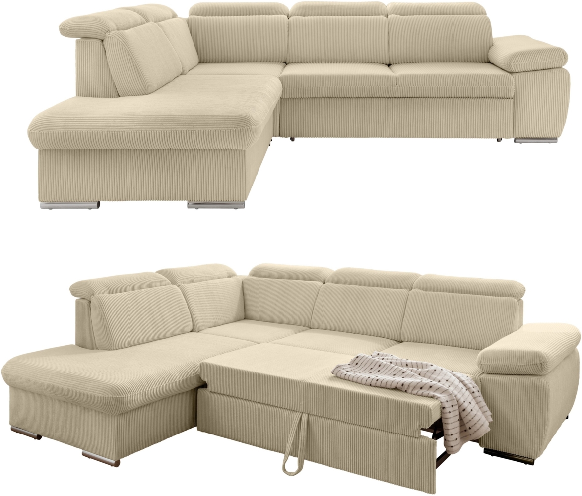 ECKSOFA mit Schlaffunktion, Bettkasten, Kopfstützen verstellbar, Wellenunterfederung, Ottomane links B283/T228/H102 cm, Cord Beige Grau Bild 1