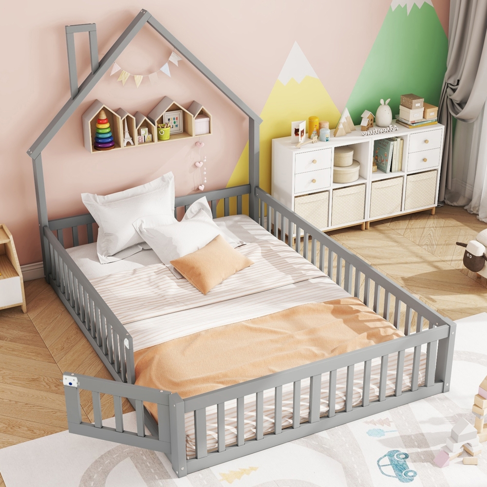 Merax Kinderbett 140 x 190 cm, mit Schornsteinform, Bett mit Lattenrost (ohne Matratze), Kiefernholz, Grau Bild 1