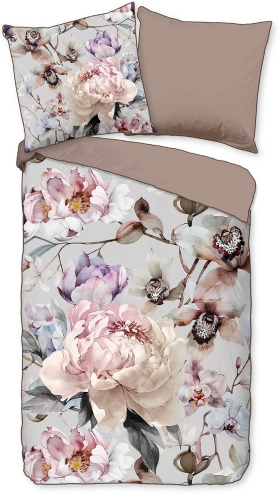 Descanso Wendebettwäsche Colinda, Mako-Satin, Renforcé, Satin, 3 teilig, Satin, Reißverschluss, Paspel, Biese, Wendeoptik, Luxe, Blumen, grau Bild 1