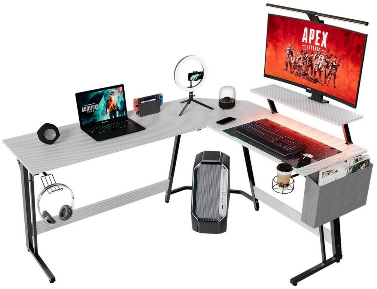 GUNJI Eckschreibtisch L-förm Computertisch Schreibtisch Gamer Tish 120/130/160 (Schreibtisch,130CM Computertisch L Form, PC Tisch,mit Monitorständer) Bild 1