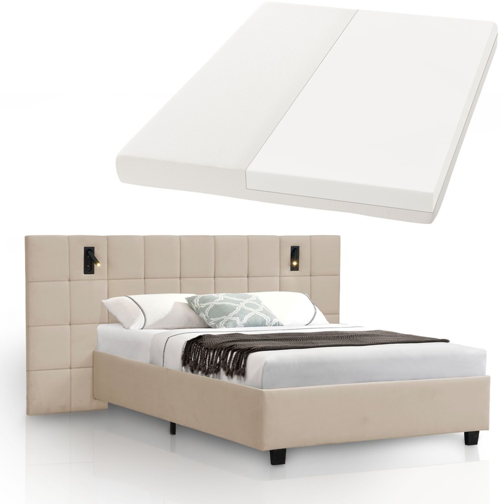 Juskys Polsterbett 140x200 cm Luzano - Bett mit LED, Matratze, Lattenrost & Kopfteil - Modernes Bettgestell aus Holz & Samt - Doppelbett - Beige Bild 1