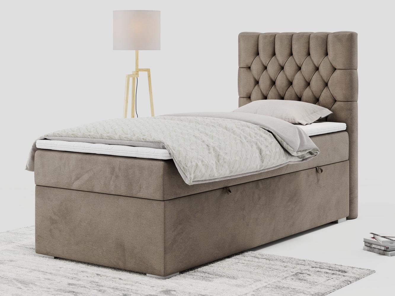 Boxspringbett PERA, Polsterbett mit Kopfstütze, gepolsterte Kopfstütze, Einzelbett, 90x200 - Braun Velours - rechts - H4 Bild 1