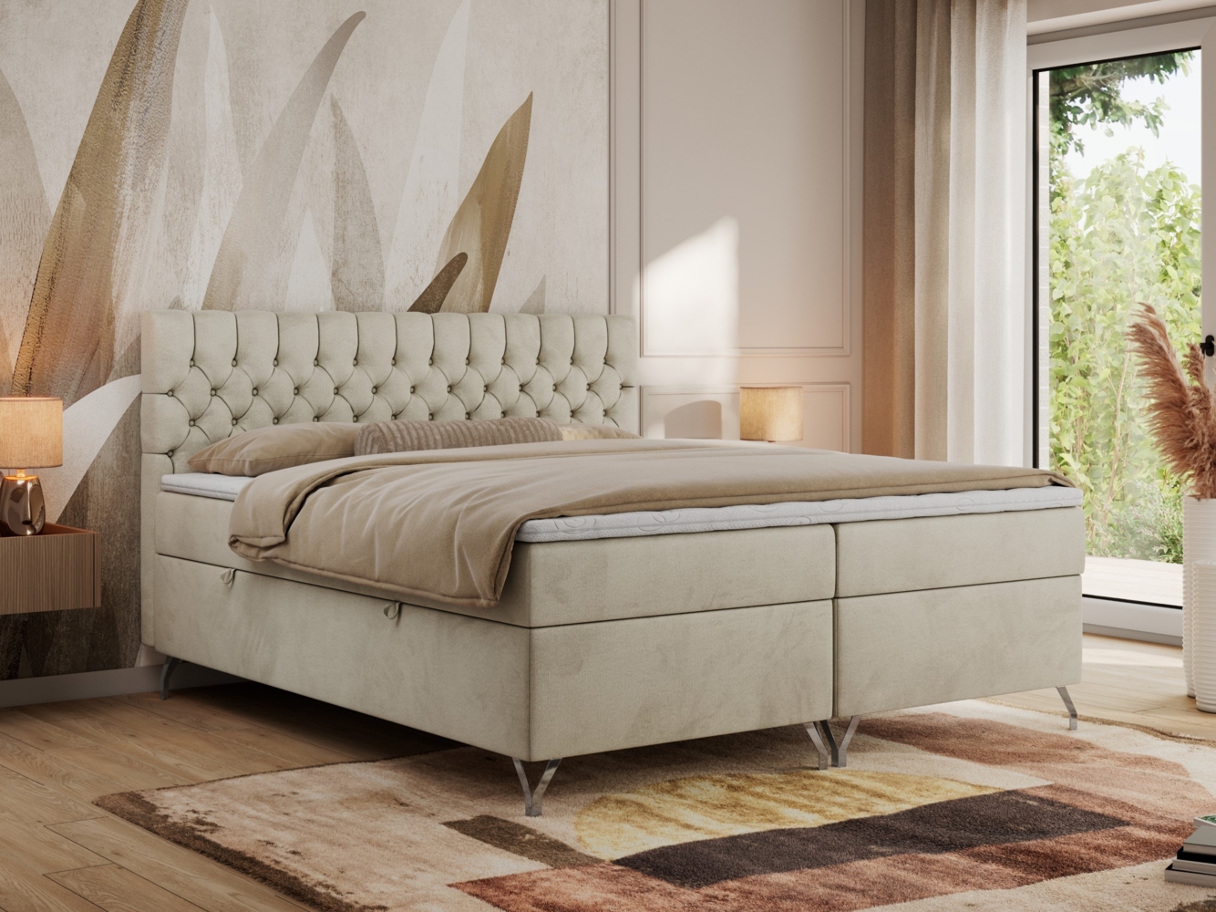 Boxspringbett mit Kopfteil und Topper, Polsterbett - GRIMALDI - 140x200 cm - Beige Velvet - H4 Bild 1