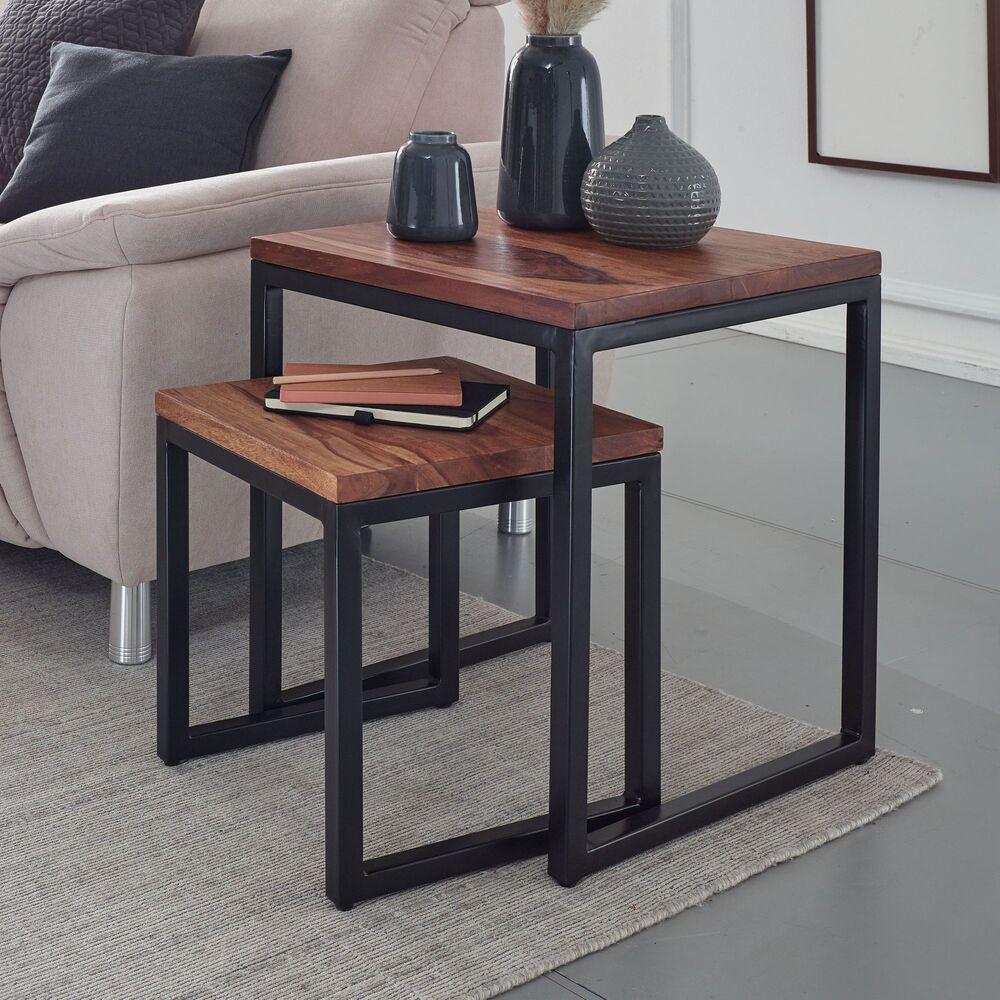 WERAN Satztisch Sheesham Massivholz Metall Design Beistelltisch 2er Set Couchtisch Set Ablagetisch Bild 1