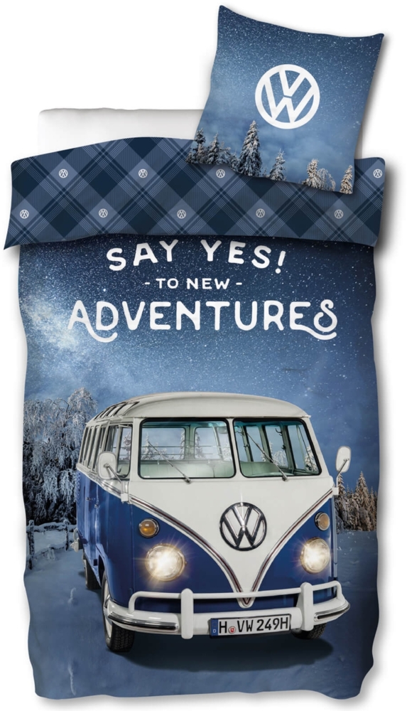 Skybrands Volkswagen Bettwäsche VW Winter Bulli T1 Blau Biber 135x200 + 80x80 cm Bild 1