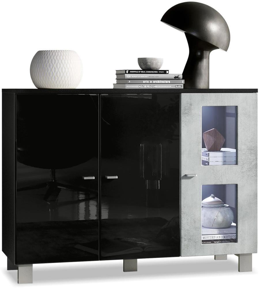 Vladon Sideboard Denjo, Kommode mit 3 Türen, Schwarz matt/Schwarz Hochglanz/Beton Oxid-Optik, inkl. LED-Beleuchtung (107 x 81 x 35 cm) Bild 1