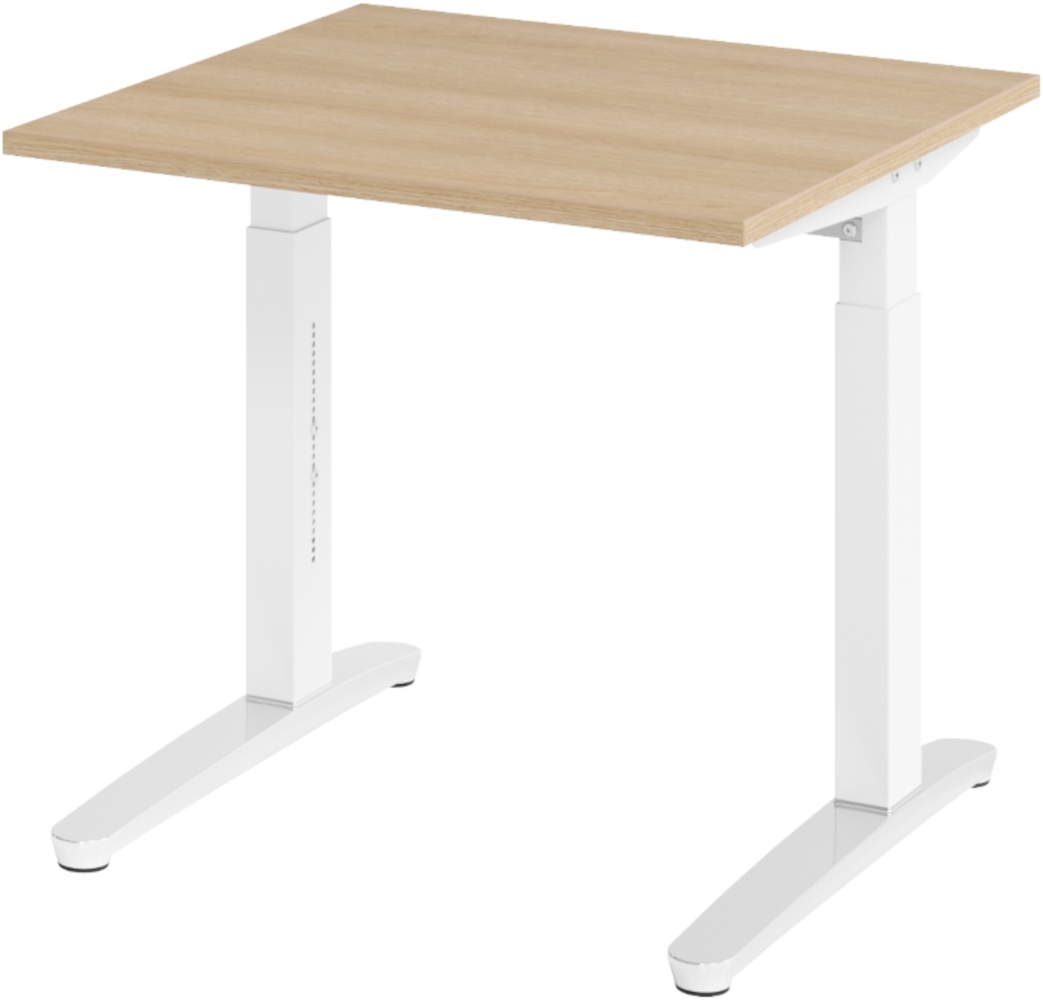 bümö manuell höhenverstellbarer Schreibtisch 80x80 in Eiche, Gestell in weiß/alu - PC Tisch höhenverstellbar & klein, höhenverstellbarer Tisch Büro, kleiner Computertisch verstellbar, X08-E-WC Bild 1