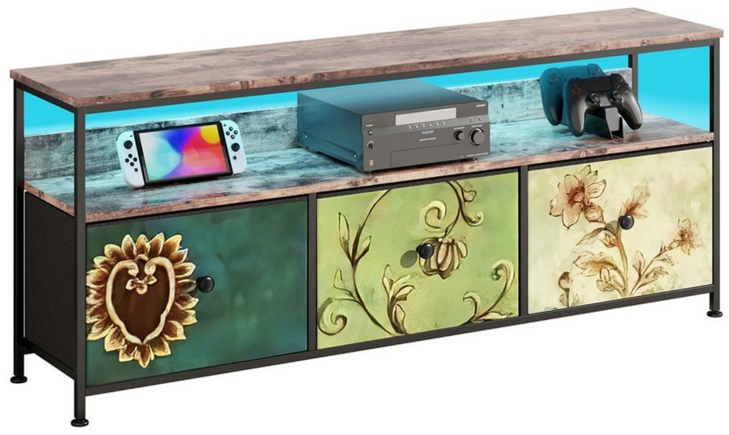 FUROKOY Lowboard TV-Schrank mit LED-Beleuchtung (Fernsehschrank Sideboard-Schrank mit 1 Regal und 3 Stoff Schubladen, TV-Bank für Wohnzimmer Schlafzimmer, 108 x 29.8 x 57 cm) Bild 1