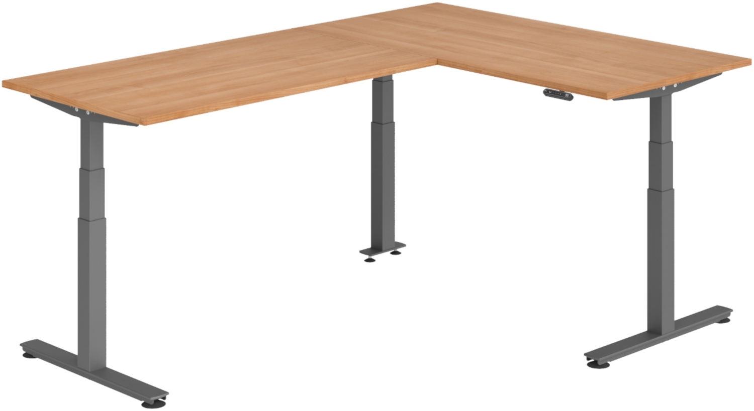 bümö Eckschreibtisch elektrisch höhenverstellbar L-Form: 160 x 240 cm in Nussbaum, Gestell graphit - Stehschreibtisch mit Memory-Steuerung, elektrischer XXL Schreibtisch für die Ecke, XDSMW-1616-N-G Bild 1