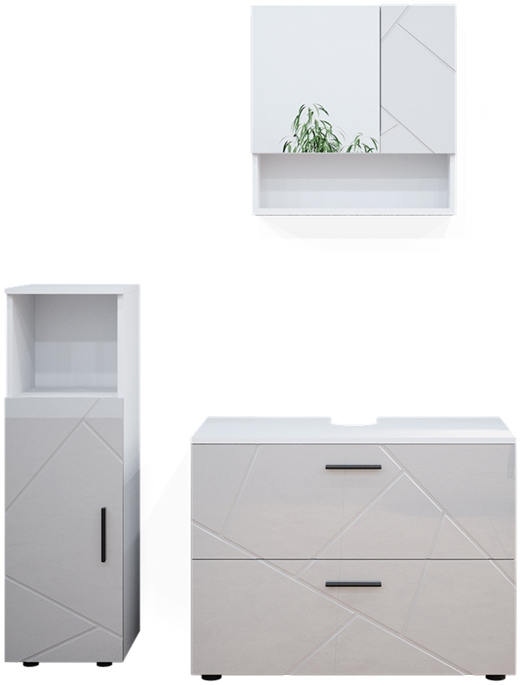Badmöbel-Set Irma Weiß Hochglanz 3 Teile, mit Midischrank Vicco Bild 1