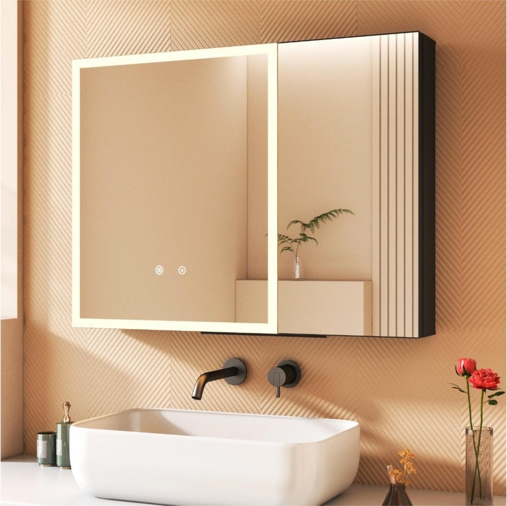 WDWRITTI Spiegelschrank Bad 80x60 cm Badezimmerspiegelschrank LED Aluminium 2-türig (Badschrank Schwarz, 3Lichtfarben mit Dimmbarer Helligkeit, Speicherfunktion) Doppelspiegel, vormontiert geliefert Bild 1