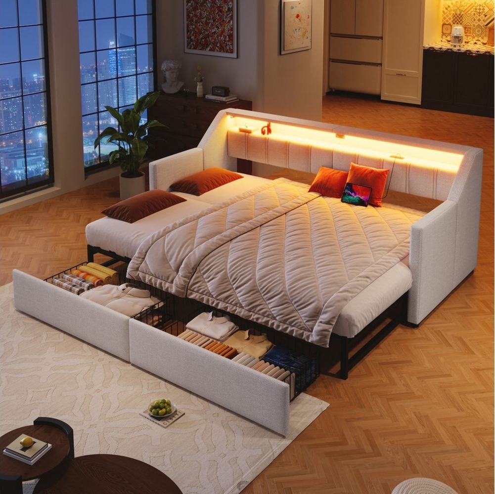 Flieks Daybett, Polsterbett 90/180x200cm mit USB-Aufladen, LED-Leiste und 2 Schubladen Bild 1