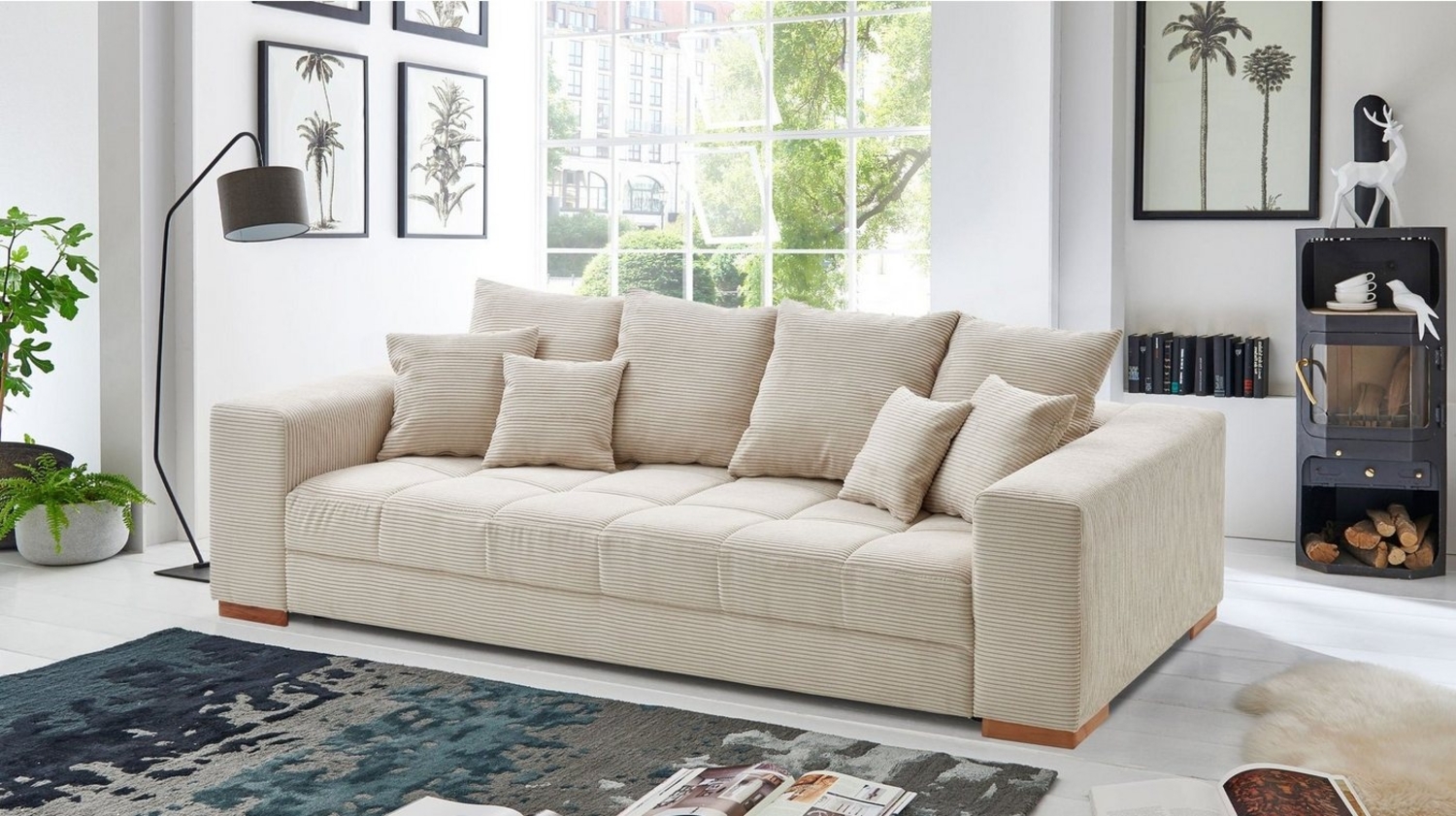 Massivart® Big-Sofa BORNEO Cord beige oder grau 254 cm / 4-Sitzer Cordsofa, Nosagunterfederung / 4 Rückenkissen / 2 mittlere Kissen / 2 Zierkissen Bild 1