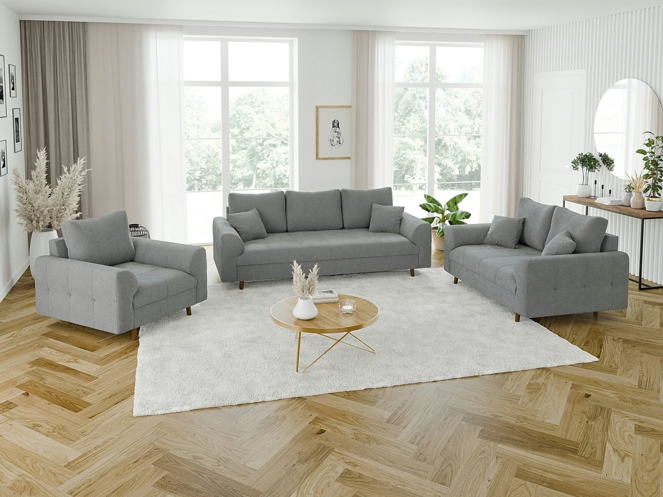 S-Style Möbel Polstergarnitur 3+2+1 Leif mit Holzfüßen im skandinavischen Stil aus Boucle-Stoff, (1x 3-Sitzer-Sofa, 1x 2-Sitzer-Sofa, 1x Sessel), mit Wellenfederung Bild 1