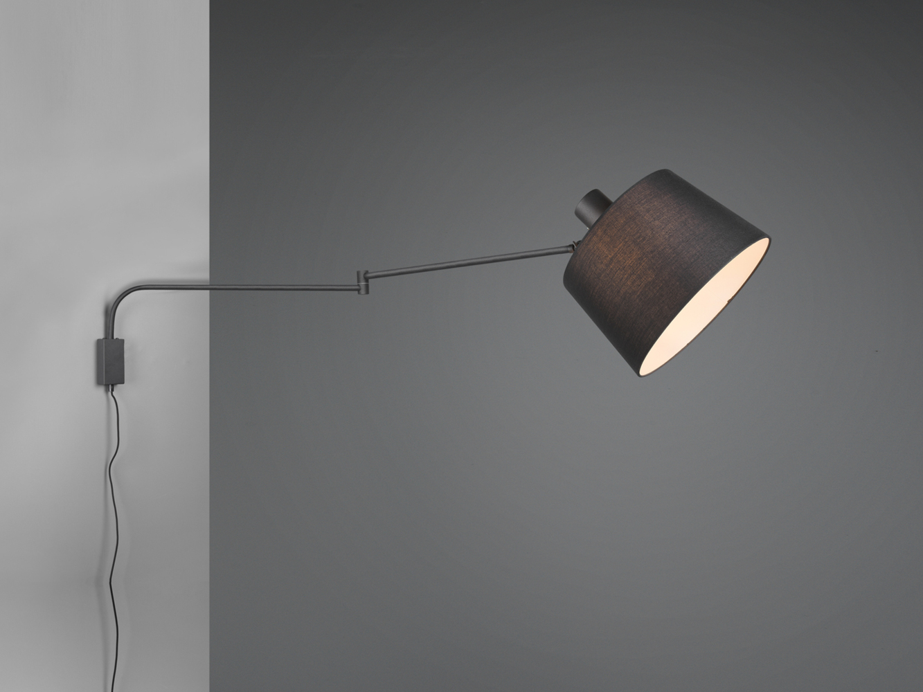 Schwenkarm LED Wandleuchte mit Stoffschirm Schwarz mit Schnurschalter & Stecker Bild 1