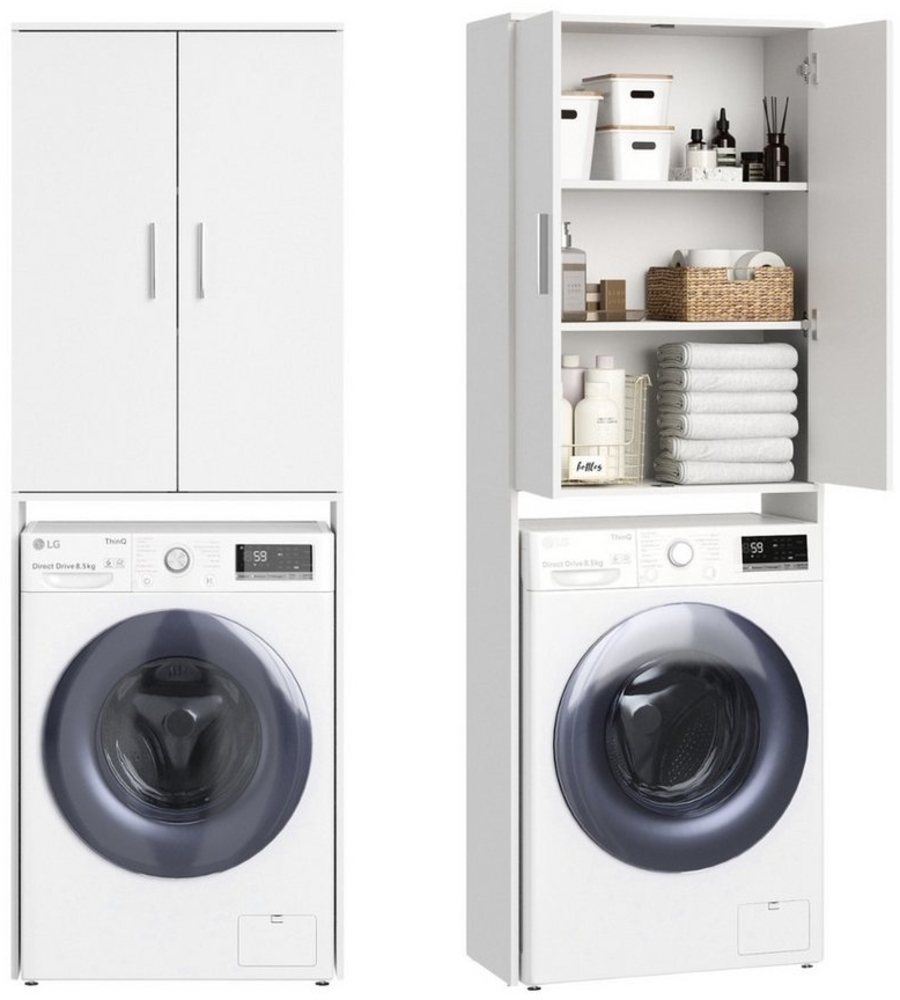 Home Collective Waschmaschinenumbauschrank Hochschrank mit 3 Fächern robust und pflegeleicht 65x30x187 cm (BxTxH), Weiß, praktisch & viel Stauraum Bild 1